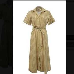 Sandro Mustard yellow striped cotton poplin tie-waist A-line shirt dress
